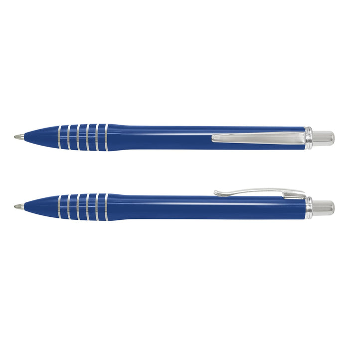 Vulcan Pen - A blue plastic pen featuring a sleek design and chrome accents, with a branding logo on its body.