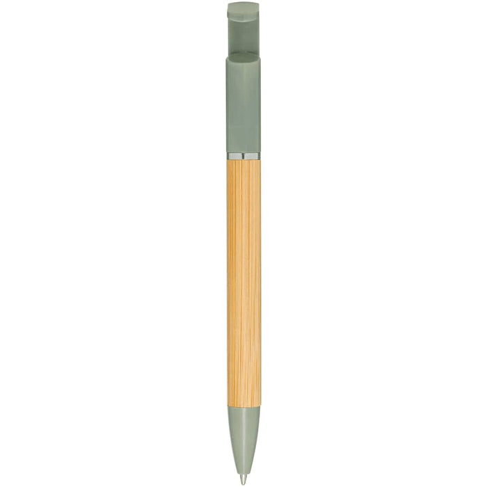 Delfina Phone Holder Pen - A pen with a bamboo barrel and green accents, featuring a logo. It has a modern design suitable for promotional use.