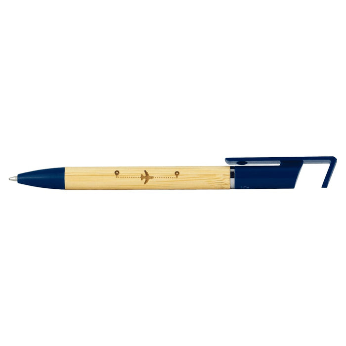 Delfina Phone Holder Pen - A bamboo pen with a blue clip and tip, featuring an engraved design and a branding logo.