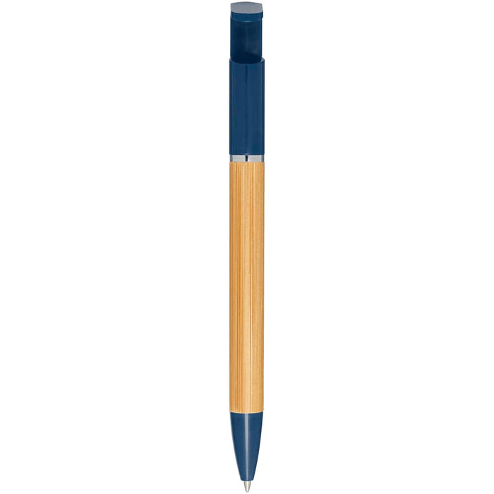 Delfina Phone Holder Pen - A bamboo and navy pen with a sleek design and a silver clip, featuring a branding logo.