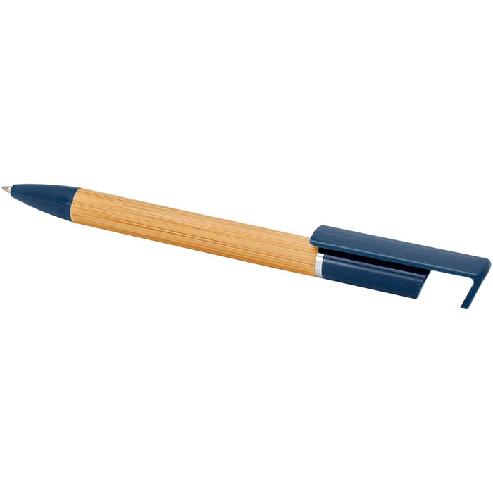 Delfina Phone Holder Pen - A bamboo pen with a blue cap and clip. The pen features a silver accent and a branded logo.