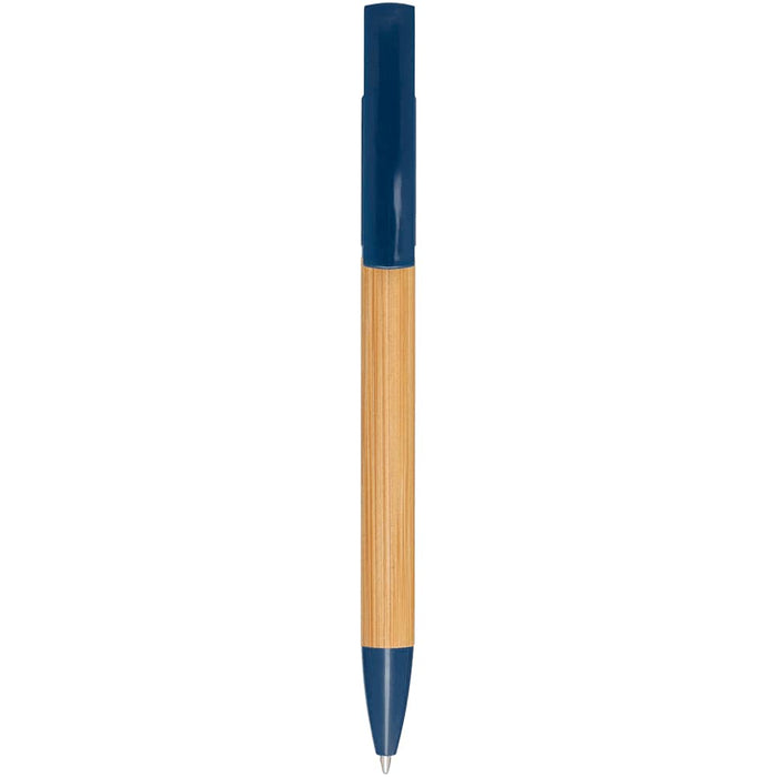 Delfina Phone Holder Pen - A pen with a bamboo body and navy blue cap, featuring branding on the side.