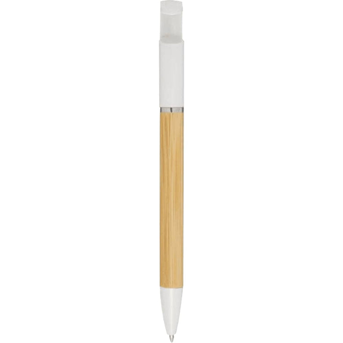 Delfina Phone Holder Pen - A pen featuring a bamboo body and a white top, complemented by a logo.