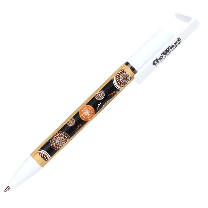 Delfina Phone Holder Pen - A pen with a white body featuring an Aboriginal-inspired design in black, orange, and brown. It has a logo on the clip.