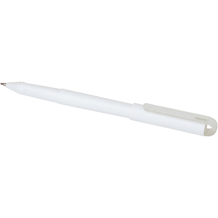 Mauna Recycled PET Gel Rollerball Pen - A white rollerball pen made from recycled PET, featuring a clip and a branding logo.