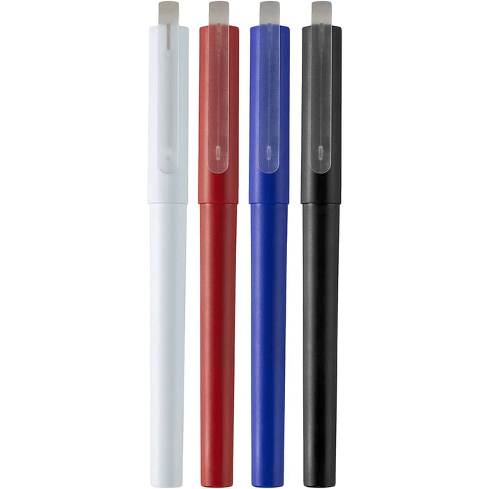 Mauna Recycled PET Gel Rollerball Pen - Four gel rollerball pens in white, red, blue, and black, featuring a clip and a logo on the body of each pen.