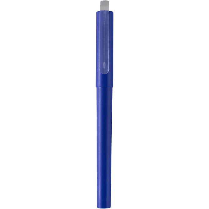 Mauna Recycled PET Gel Rollerball Pen - A blue gel rollerball pen with a transparent cap and a co-branded logo.