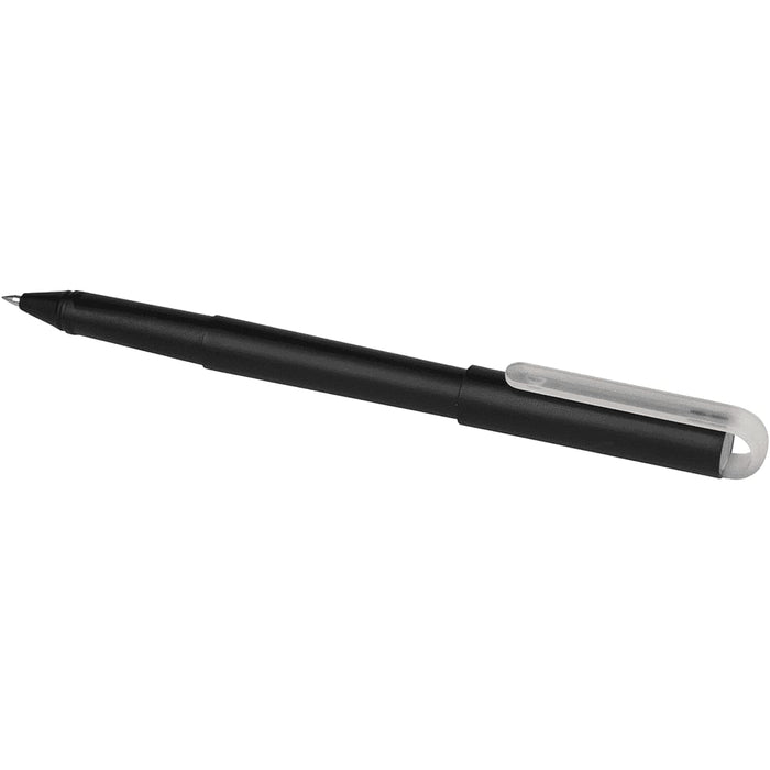 Mauna Recycled PET Gel Rollerball Pen - A black gel rollerball pen with a white clip and logo. The pen is designed for smooth writing.