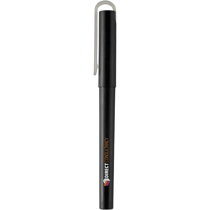 Mauna Recycled PET Gel Rollerball Pen - A black gel rollerball pen with a clip, featuring a logo on the barrel.