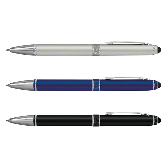 Antares Stylus Pen - A set of three stylus pens in silver, blue, and black, each featuring a metallic finish and a clip.