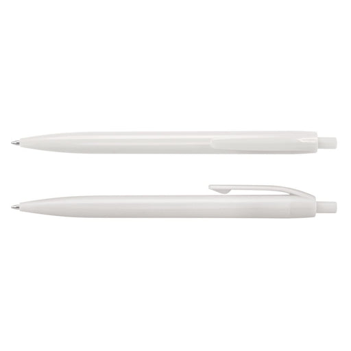 Omega Pen - A plastic pen in white, featuring a smooth body and a clip for easy attachment. Includes a logo.