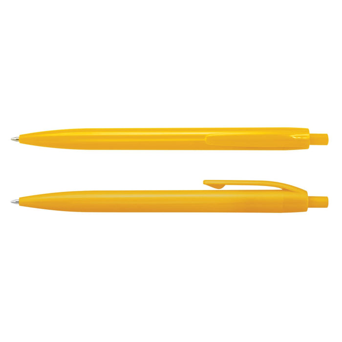 Omega Pen - A set of bright yellow plastic pens with clip and smooth barrel design. Features a logo.