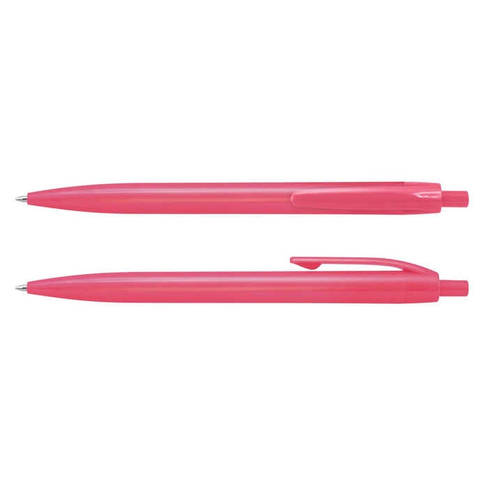 Omega Pen - A set of two pink plastic pens featuring a sleek design and a clip, with a logo on one pen.