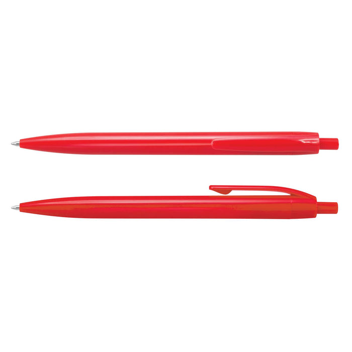 Omega Pen - A pair of red plastic pens with a smooth finish and click mechanism, featuring a logo on one.
