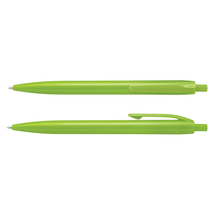 Omega Pen - Two bright green plastic pens with a sleek design, featuring a clip on one and a smooth writing tip.