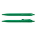 Omega Pen - A green plastic pen with a sleek design, featuring a clip and smooth writing tip. It has a logo.