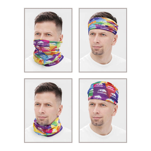 Sherpa Headwear - A collection of four images featuring a multi-functional headwear in vibrant colours and patterns, including purple, green, and orange.