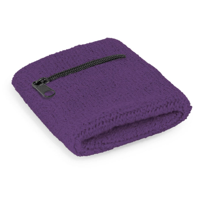 Wrist Sweat Band with Pocket - A purple wrist sweat band featuring a zip pocket, made of textured fabric with a zip closure.