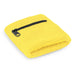 Wrist Sweat Band with Pocket - A yellow wrist sweat band featuring a small zippered pocket. The band is made from textured fabric and has a zipper.