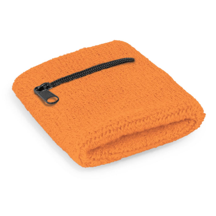 Wrist Sweat Band with Pocket - An orange wrist sweat band featuring a zippered pocket. It has a textured fabric and a small zipper.