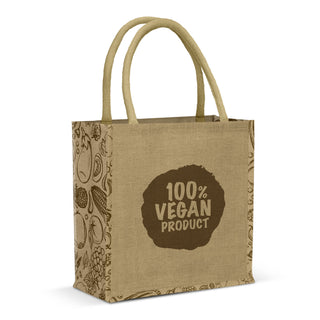Monza Jute Tote Bag - A jute tote bag in natural tones with a patterned design and a logo featuring a vegan message.