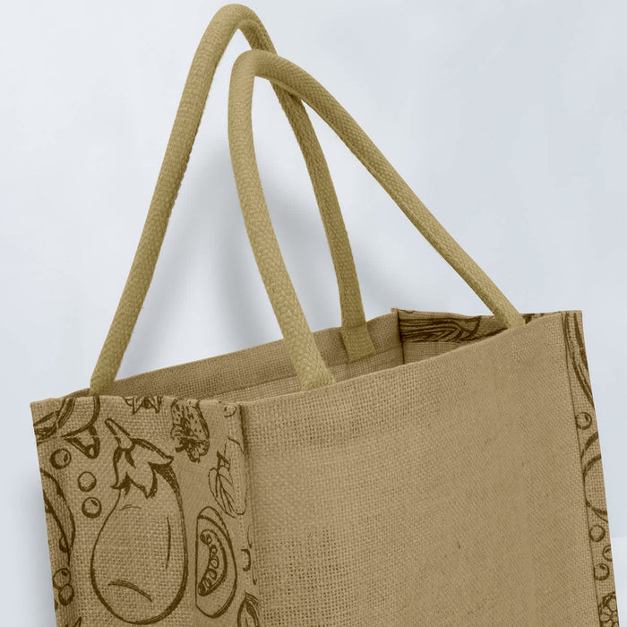 Monza Jute Tote Bag - A jute tote bag in a natural beige colour with twin handles and a patterned side design. It's unbranded.
