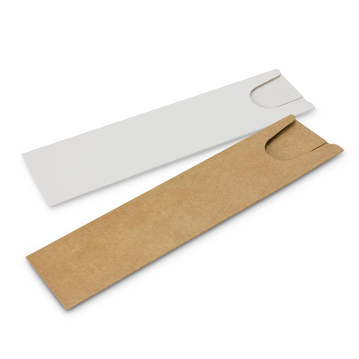 Vistro Stylus Pen - Colour Match - Two pen sleeves in white and brown, designed for packaging pens, featuring a cut-out for easy access.