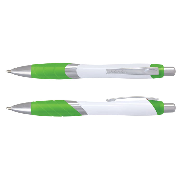 Borg Pen - White Barrel - A Borg Pen featuring a white barrel with green accents and a textured grip. The pen includes a silver clip and tip.
