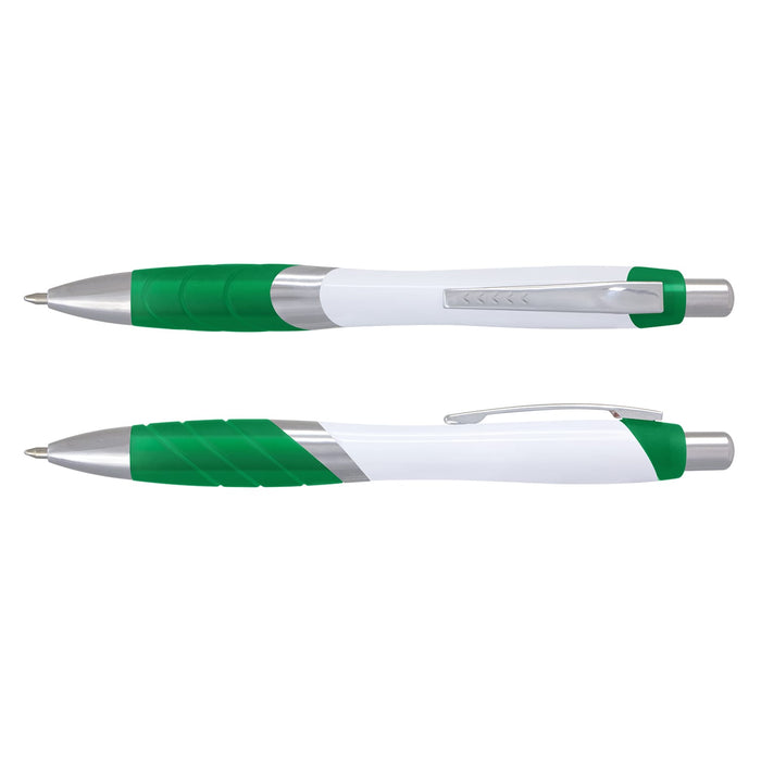 Borg Pen - White Barrel - A white pen with green accents and a silver clip, featuring a textured grip and a logo.