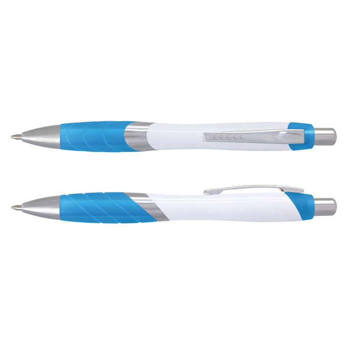 Borg Pen - White Barrel - A plastic pen with a white barrel and blue grip, featuring a silver clip and accents. Two angles of the pen are visible.
