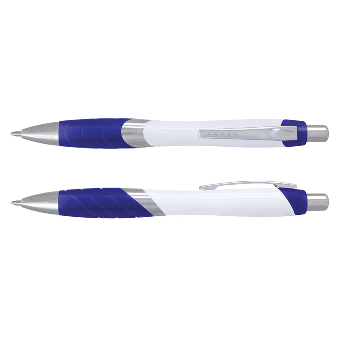 Borg Pen - White Barrel - A blue and white plastic pen with a silver clip and grip, featuring a branding logo.