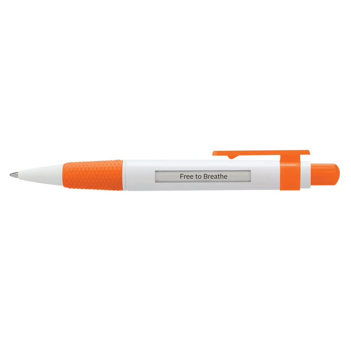 Big Message Pen - A plastic pen with an orange and white design featuring a customizable message window that reads "Free to Breathe."
