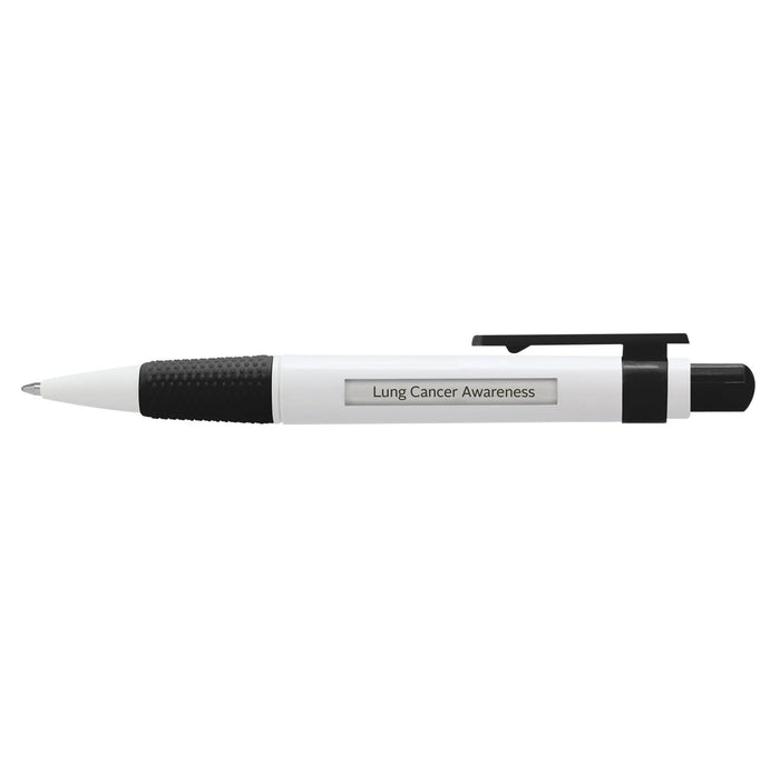 Big Message Pen - A black and white plastic pen featuring a textured grip and a branding logo.