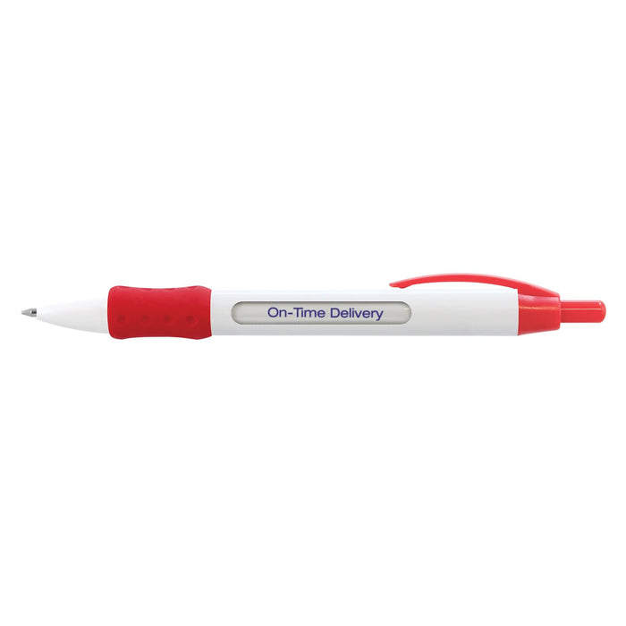 Atara Message Pen - A plastic pen with a white barrel, red grip, and red clip, featuring the text "On-Time Delivery" printed on the side.