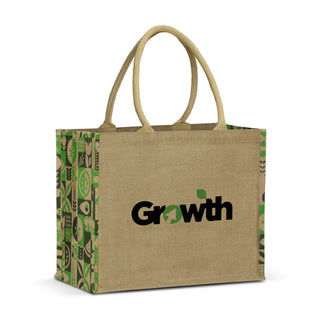 Torino Jute Tote Bag - A jute tote bag with green and natural hues, featuring a logo and patterned sides.