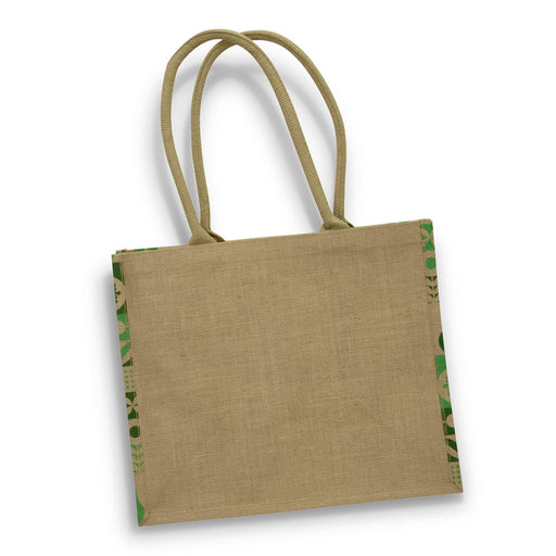 Torino Jute Tote Bag - A jute tote bag in a natural beige colour with green accents and two handles. It features a logo on one side.
