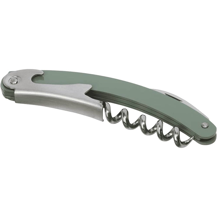 Seasons Nordkapp Waitress Knife - A green waitress knife with a stainless steel corkscrew and a lever for opening bottles. It has a sleek design and a brand logo.