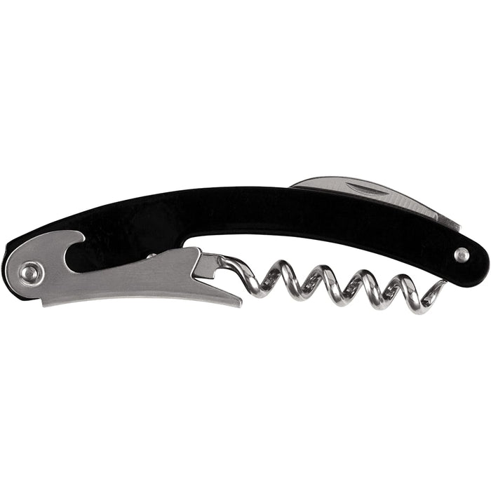 Seasons Nordkapp Waitress Knife - A black and silver waitress knife with a corkscrew, bottle opener, and a small blade. It features a logo.