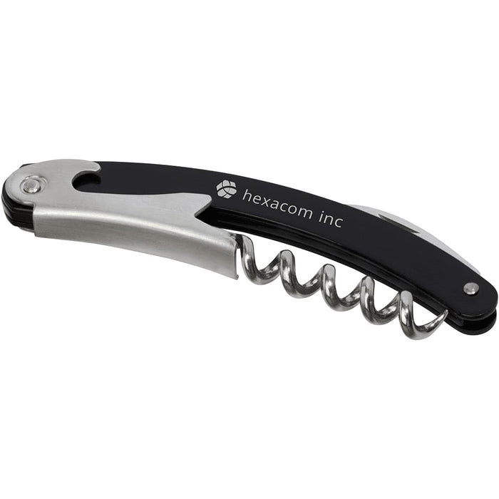 Seasons Nordkapp Waitress Knife - A black and silver waiter’s knife featuring a corkscrew and a folding design. It includes a logo on the handle.