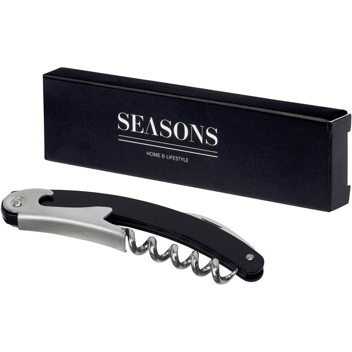 Seasons Nordkapp Waitress Knife - A black and silver waitress knife displayed beside its black packaging featuring a logo.