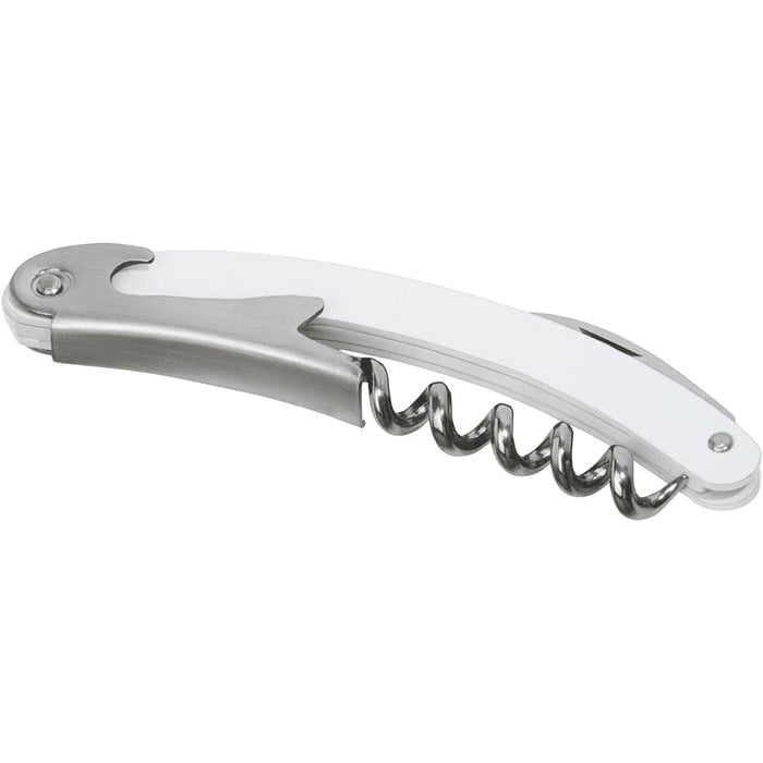 Seasons Nordkapp Waitress Knife - A white and stainless steel waitress knife with a corkscrew and bottle opener. It features a sleek design and a logo.
