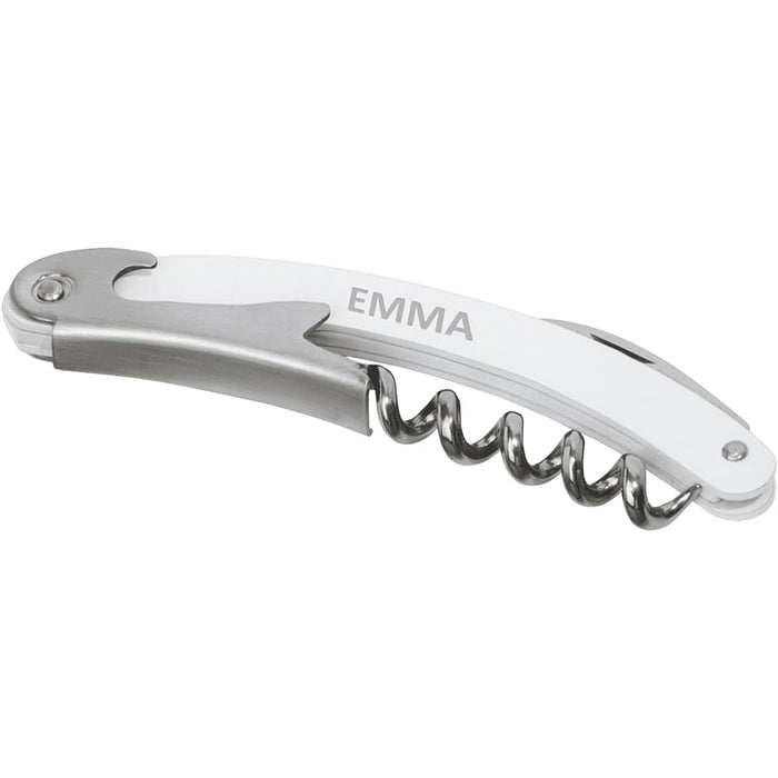 Seasons Nordkapp Waitress Knife - A white waitress knife with a stainless steel corkscrew and a sleek design, featuring a branding logo.
