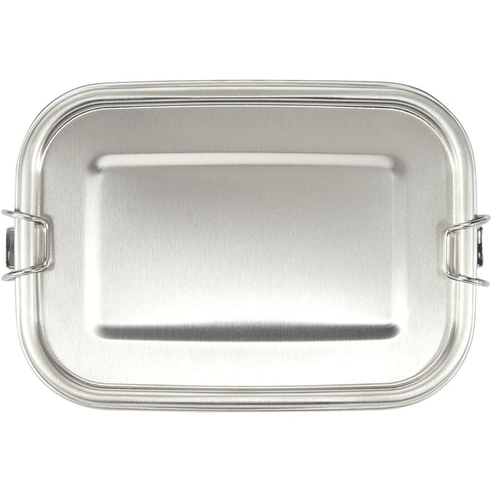 Seasons Titan Recycled Stainless Steel Lunch Box - A stainless steel lunch box with a smooth, polished surface and a secure clip closure, featuring a logo.