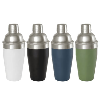 Seasons Gaudie Recycled Stainless Steel Cocktail Shaker - A selection of four cocktail shakers in white, black, navy, and green, with stainless steel lids and bases.