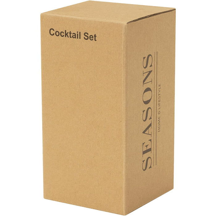 Seasons Gaudie Recycled Stainless Steel Cocktail Shaker - A kraft box containing a cocktail set, featuring the word "Seasons" on the side and a logo.