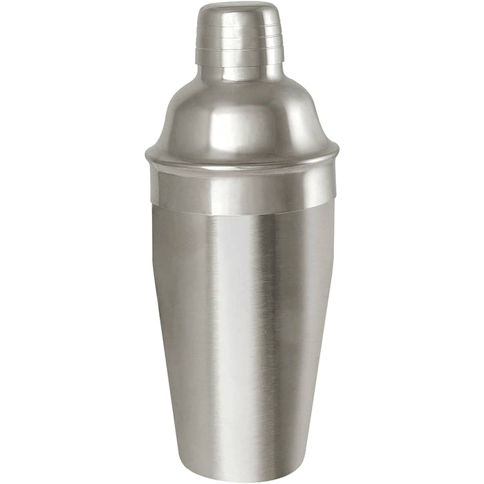 Seasons Gaudie Recycled Stainless Steel Cocktail Shaker - A stainless steel cocktail shaker with a sleek, metallic finish and a secured top, featuring a logo.