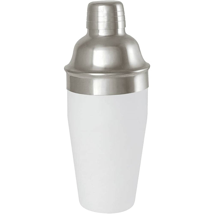Seasons Gaudie Recycled Stainless Steel Cocktail Shaker - A stainless steel cocktail shaker with a white body and metallic lid, featuring a logo.