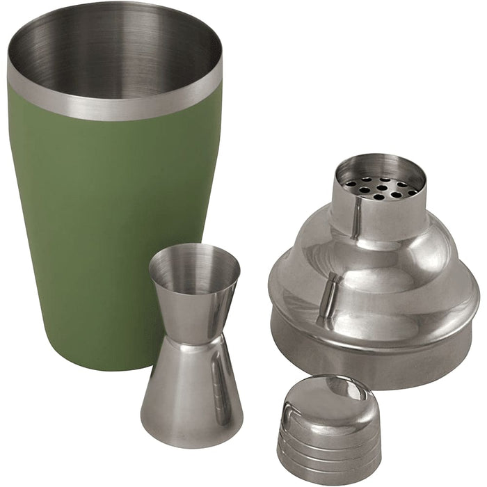 Seasons Gaudie Recycled Stainless Steel Cocktail Shaker - A stainless steel cocktail shaker in green, including a jigger and a strainer, with a logo on the shaker.