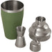 Seasons Gaudie Recycled Stainless Steel Cocktail Shaker - A stainless steel cocktail shaker in green, including a jigger and a strainer, with a logo on the shaker.