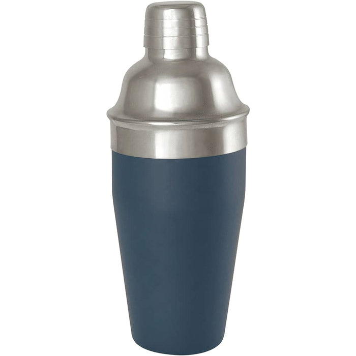 Seasons Gaudie Recycled Stainless Steel Cocktail Shaker - A stainless steel cocktail shaker with a matte navy blue finish and a shiny silver top. It has a logo on the side.